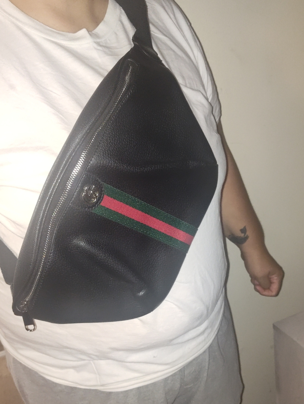 Black Leather Crossbody Sling Bag with Green & Red Stripe